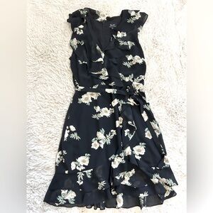 Bardot Floral Print Ruffled Faux-Wrap Black and Ivory Cap Sleeve dress, size S